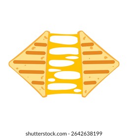 Croissant sandwich bread is pulled apart, revealing melted cheese. Baked bread snack menu, bakery food, and fast food are delicious in cartoon style. Food vector illustration on a white background.

