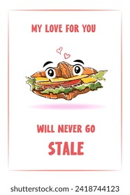 Croissant sandwich cartoon character. Hand drawn puff pastry with stuffing, love message card
