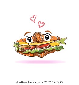 Croissant sandwich cartoon character. Hand drawn puff pastry with stuffing, love message card