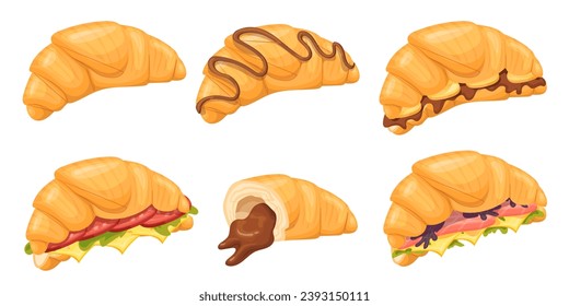 Croissant sandwich. Croissants isolated sandwiches pastry delicious filling, french baking rustic homemade pastries fresh lettuce cheese ham bread snack, vector illustration of sandwich and croissant