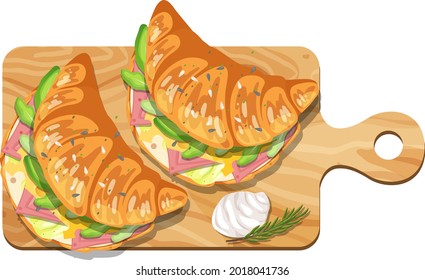 Croissant sandwich with ham cheese inside on a wooden plate illustration