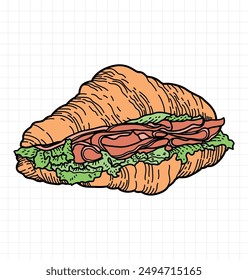Croissant sandwich hand drawn cartoon food for business concept. Vector comic illustration style. Breakfast, Brunch, Food  Beverage.