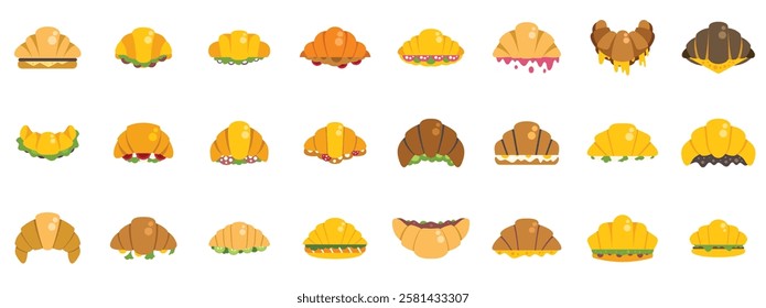Croissant sandwich icons set, featuring various fillings and toppings, representing diverse breakfast or snack options