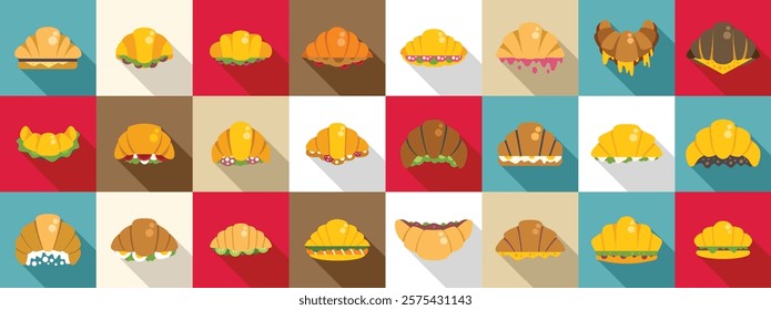 Croissant sandwich icons set. Croissant sandwiches filled with various ingredients showcasing a range of flavors and fillings for breakfast or lunch