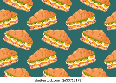Croissant sandwich seamless pattern with lettuce, egg, cheese and salami in flat style. Design background for bakery, breakfast and brunch cafe wallpaper.
