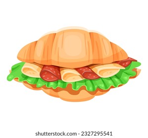 Croissant with sausage, cheese and lettuce. Isolated illustration on a white background.