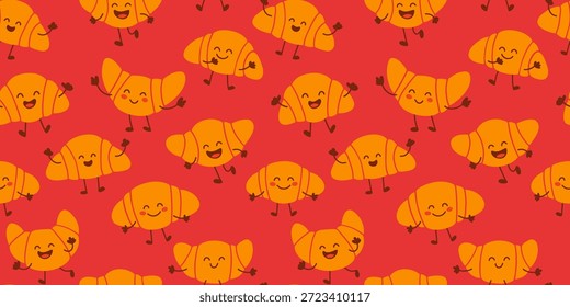 Croissant Padrão sem emenda com bonitos personagens de massa sorridente no fundo vermelho