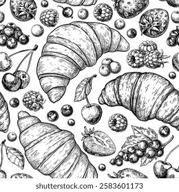 Croissant seamless pattern drawing. Hand drawn bakery product with berries. Breakfast sketch wallpaper. French bun vector illustration with cherry, strawberry, raspberry, cranberry, blueberry. Morning