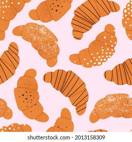 Croissant seamless pattern. French bakery morning background with cute flat hand drawn buns. Sweet breakfast pastry with sugar and chocolate toppings.