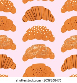 Croissant seamless pattern. French bakery morning background with cute flat hand drawn buns. Sweet breakfast pastry with sugar and chocolate toppings.