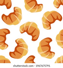 Croissant seamless pattern on white background. Sweet baked dessert pastrie. Dessert Bakery In flat Vector Style for menu, cafe, restaurant for poster, wallpaper, wrapping papers, textile.