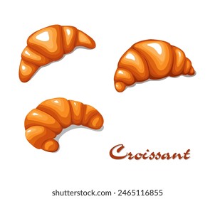 Croissant set in cartoon style. French pastry illustration. Plain croissant. Bakery croissant isolated on white background. For menu design cafe, bistro, restaurant, label, and packaging.