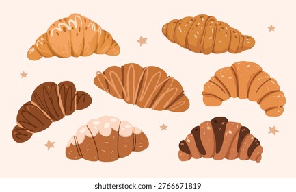 Croissant set, cute hand drawn bakery pastry collection, french pastry illustration, naive style