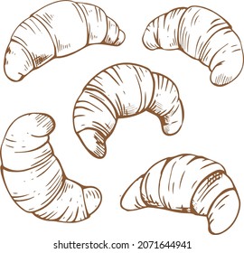 Croissant set. Outline bakery croissant isolated on white background for design menu cafe,bistro, restaurant, label and packaging. Vector illustration in doodle style