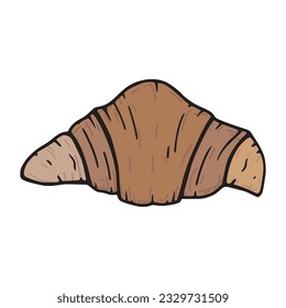 Croissant simple rolled and sweet snack hand drawn color outline illustration. Tasty pastry food icon pen drawing image. Home made lunch meal contour cartoonish hand drawn logo. Sweet dessert symbol.