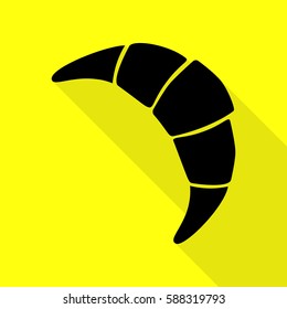 Croissant simple sign. Black icon with flat style shadow path on yellow background.