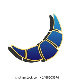 Croissant simple sign. Blue icon with gold contour with dark gray shadow at white background. Illustration.