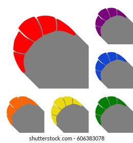 Croissant simple sign. Set of red, orange, yellow, green, blue and violet icons at white background with flat shadow.
