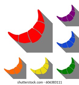 Croissant simple sign. Set of red, orange, yellow, green, blue and violet icons at white background with flat shadow.