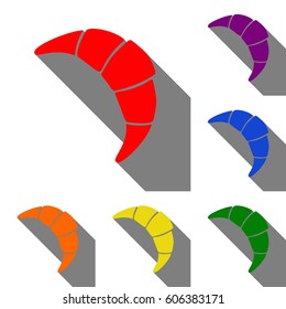 Croissant simple sign. Set of red, orange, yellow, green, blue and violet icons at white background with flat shadow.