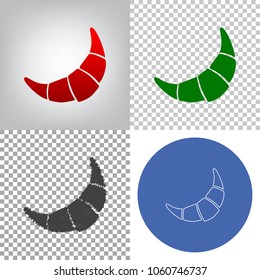 Croissant simple sign. Vector. 4 styles. Red gradient in radial lighted background, green flat and gray scribble icons on transparent and linear one in blue circle.