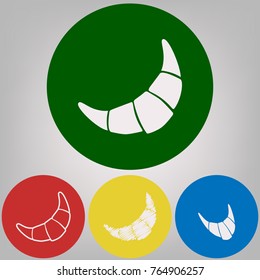Croissant simple sign. Vector. 4 white styles of icon at 4 colored circles on light gray background.