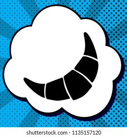 Croissant simple sign. Vector. Black icon in bubble on blue pop-art background with rays.