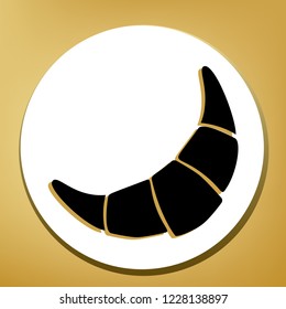 Croissant simple sign. Vector. Black icon with light brown shadow in white circle with shaped ring at golden background.