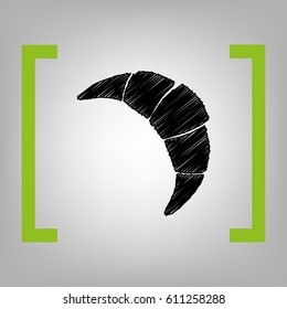 Croissant simple sign. Vector. Black scribble icon in citron brackets on grayish background.