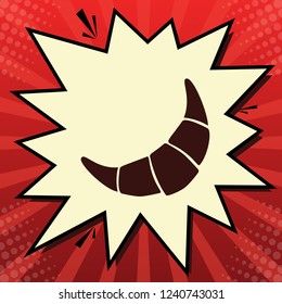 Croissant simple sign. Vector. Dark red icon in lemon chiffon shutter bubble at red popart background with rays.