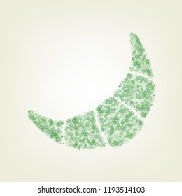 Croissant simple sign. Vector. Green hexagon rastered icon and noised opacity and size at light green background with central light.