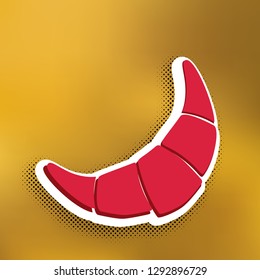 Croissant simple sign. Vector. Magenta icon with darker shadow, white sticker and black popart shadow on golden background.