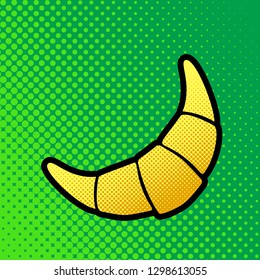 Croissant simple sign. Vector. Pop art orange to yellow dots-gradient icon with black contour at greenish background.