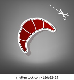 Croissant simple sign. Vector. Red icon with for applique from paper with shadow on gray background with scissors.