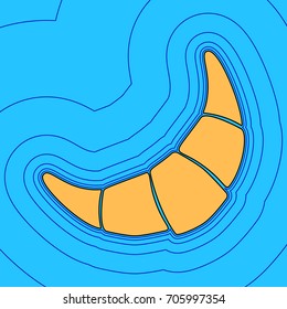 Croissant simple sign. Vector. Sand color icon with black contour and equidistant blue contours like field at sky blue background. Like waves on map - island in ocean or sea.