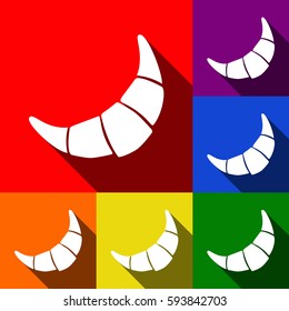 Croissant simple sign. Vector. Set of icons with flat shadows at red, orange, yellow, green, blue and violet background.