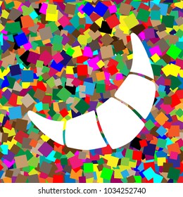 Croissant simple sign. Vector. White icon on colorful background with seamless pattern from squares.