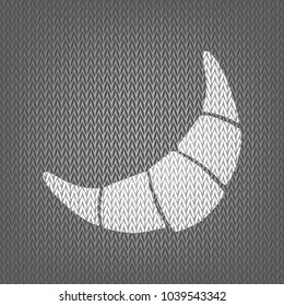 Croissant simple sign. Vector. White knitted icon on gray knitted background. Isolated.