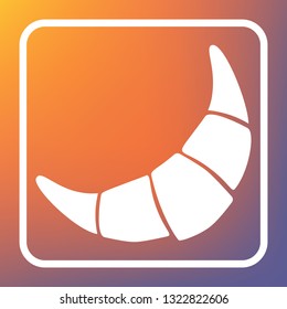 Croissant simple sign. Vector. White icon on transparent button at orange-violet gradient background.