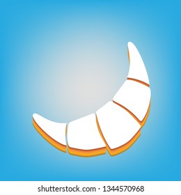 Croissant simple sign. Vector. White icon with 3d warm-colored gradient body at sky blue background.