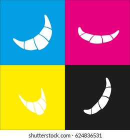 Croissant simple sign. Vector. White icon with isometric projections on cyan, magenta, yellow and black backgrounds.