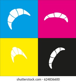 Croissant simple sign. Vector. White icon with isometric projections on cyan, magenta, yellow and black backgrounds.