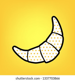 Croissant simple sign. Vector. Yellow polka dot white icon with black contour at warm yellow background.