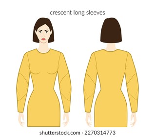 Croissant sleeves long length clothes character beautiful lady in yellow top, shirt, dress technical fashion illustration, fitted. Flat apparel template front, back sides. Women, men unisex CAD mockup