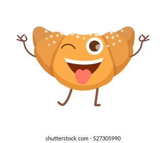 Croissant smiling icon. Sweets. Happy bun in simple cartoon style. Isolated fresh baked roll with one opened eye and raised hands standing on two legs. Some white crumbs. Flat design. Vector