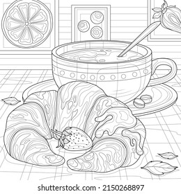 Croissant with strawberries and coffee.Coloring book antistress for children and adults. Illustration isolated on white background.Zen-tangle style. Hand draw