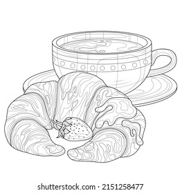 Croissant with strawberries and coffee.Coloring book antistress for children and adults. Illustration isolated on white background.