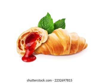 Croissant with strawberries and mint leaves. Vector illustration.