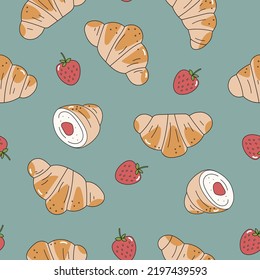 Croissant and strawberries seamless pattern