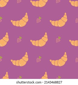 Croissant with strawberries, vector seamless pattern in flat style.